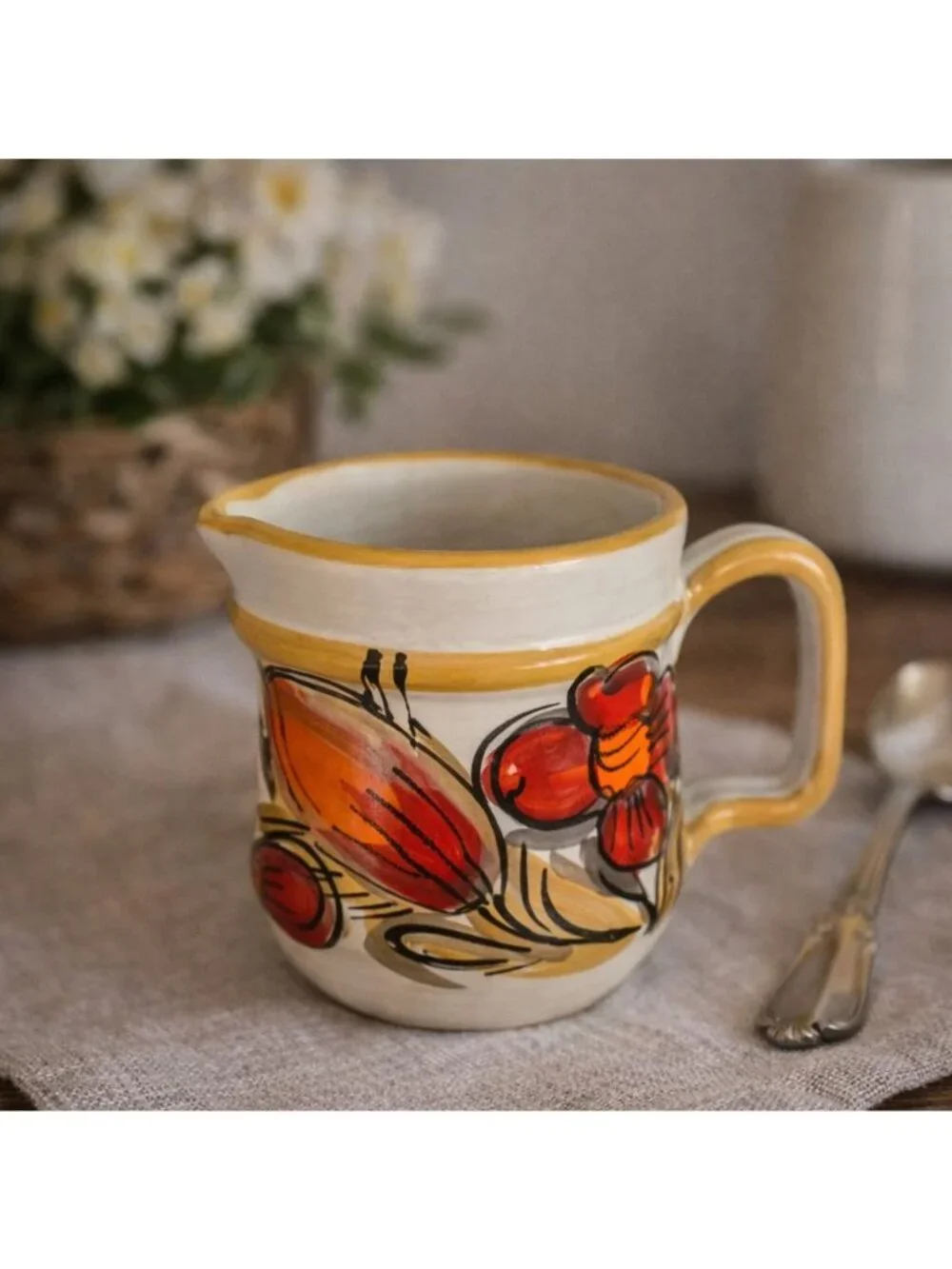 Vintage Italian Hand Painted Creamer Pitcher Floral Mid Century Italy Pottery